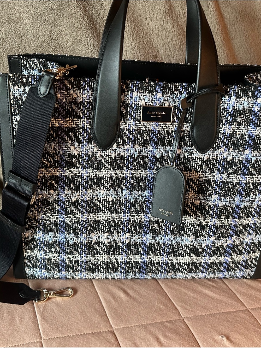kate spade Black, White & Blue Tweed Tote with Leather Trim
